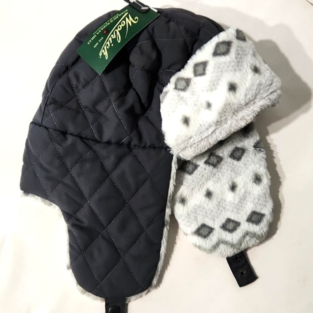NEW! Woolrich Grey Quilted Faux Fur Reversible Aviator Winter Hat L/XL
